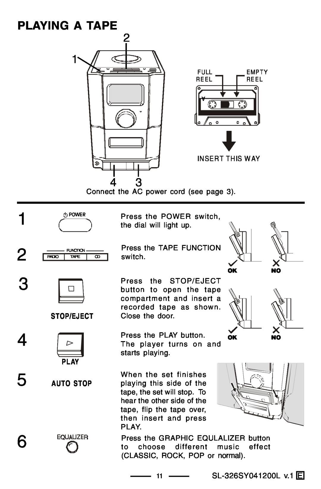 Lenoxx Electronics manual 1 2, Playing A Tape, Stop/Eject Play Auto Stop, 11SL-326SY041200Lv.1 E 