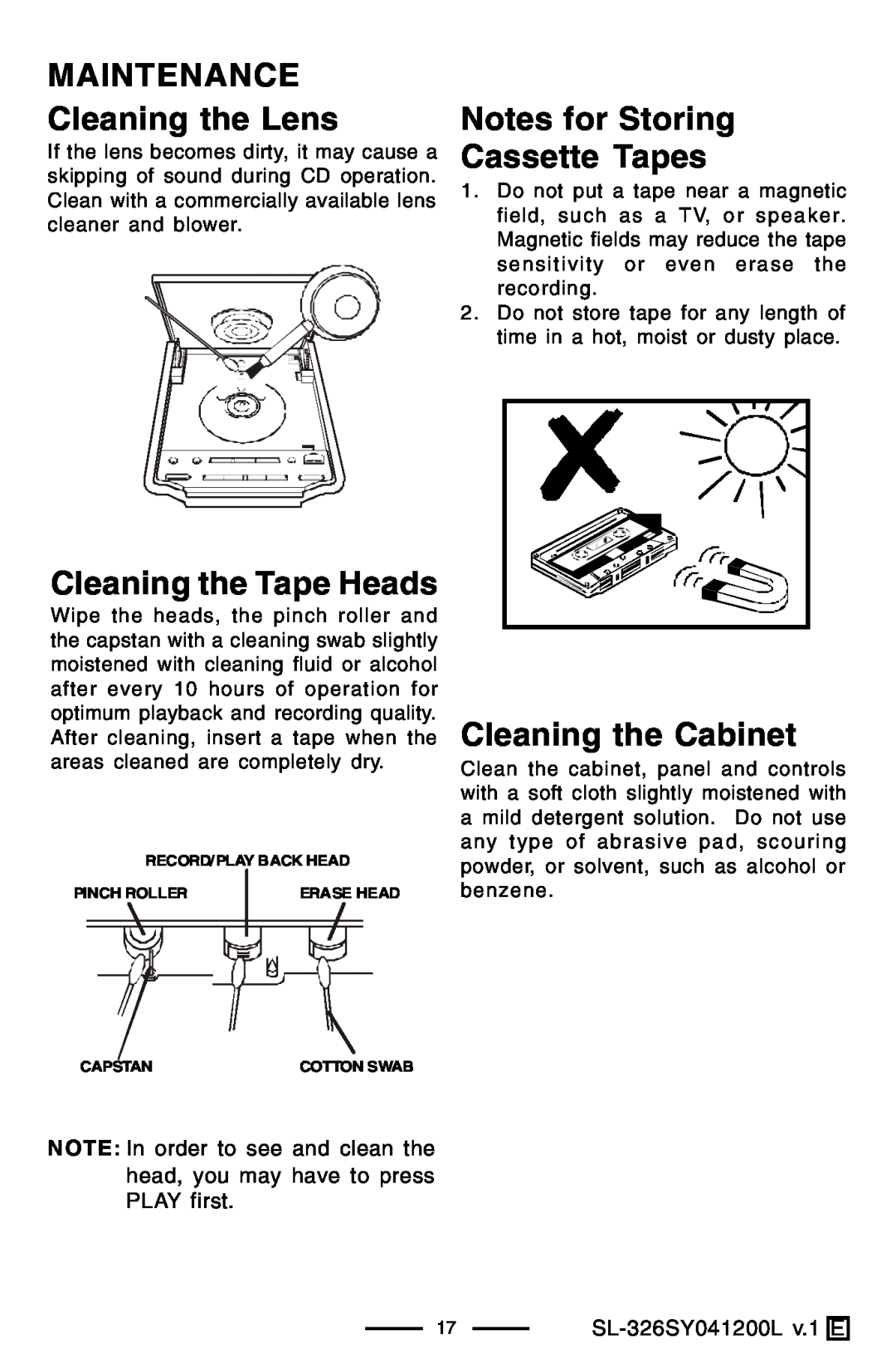 Lenoxx Electronics SL-326 manual MAINTENANCE Cleaning the Lens, Cleaning the Tape Heads, Notes for Storing Cassette Tapes 