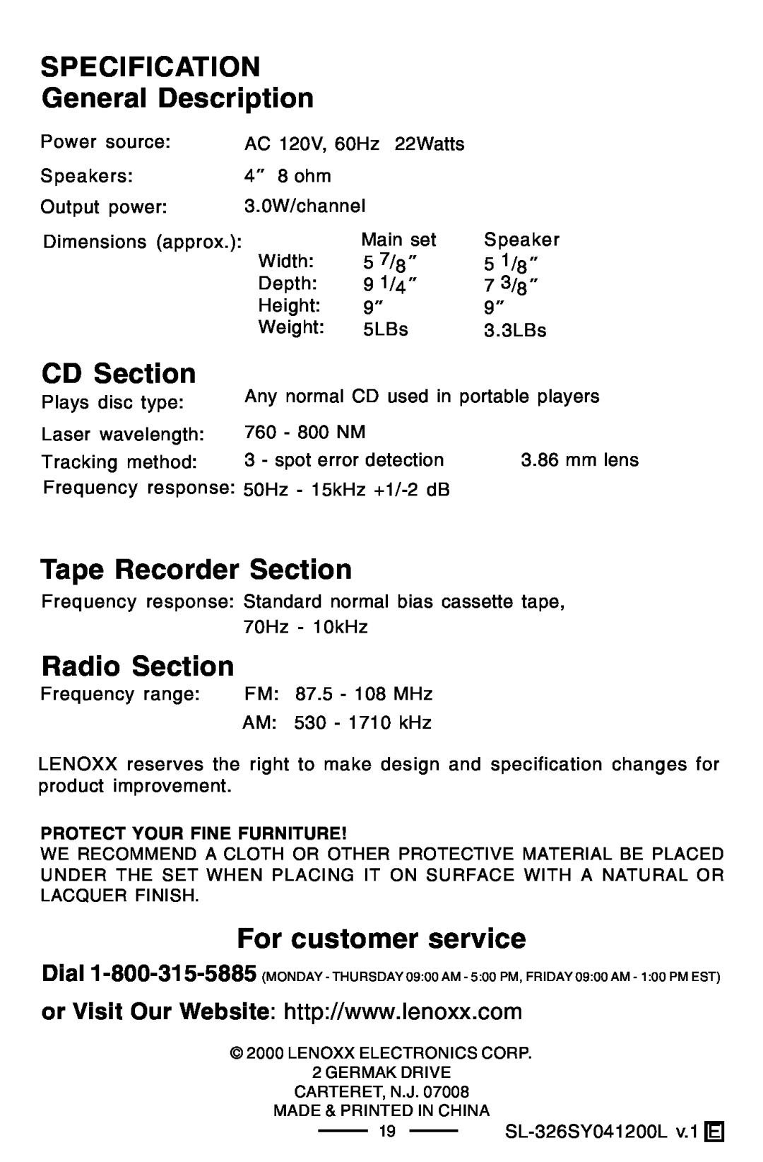 Lenoxx Electronics SL-326 manual SPECIFICATION General Description, CD Section, Tape Recorder Section, Radio Section 