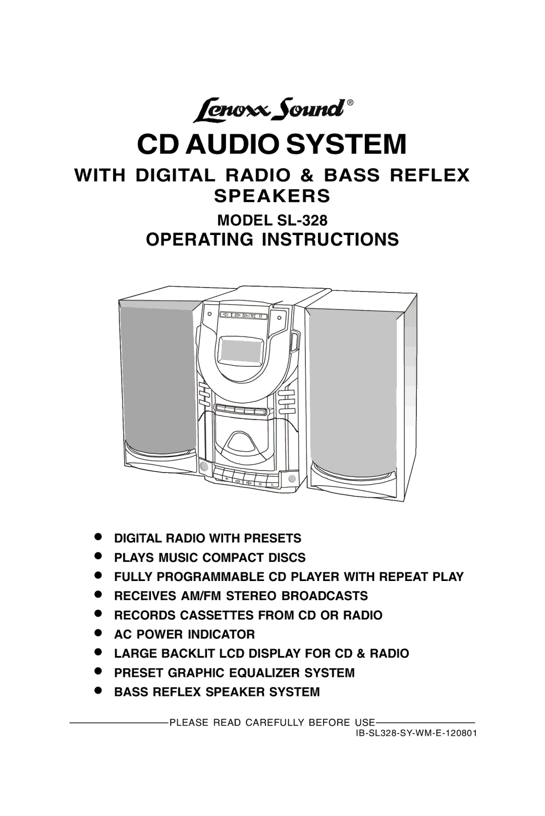 Lenoxx Electronics SL-328 manual CD Audio System 