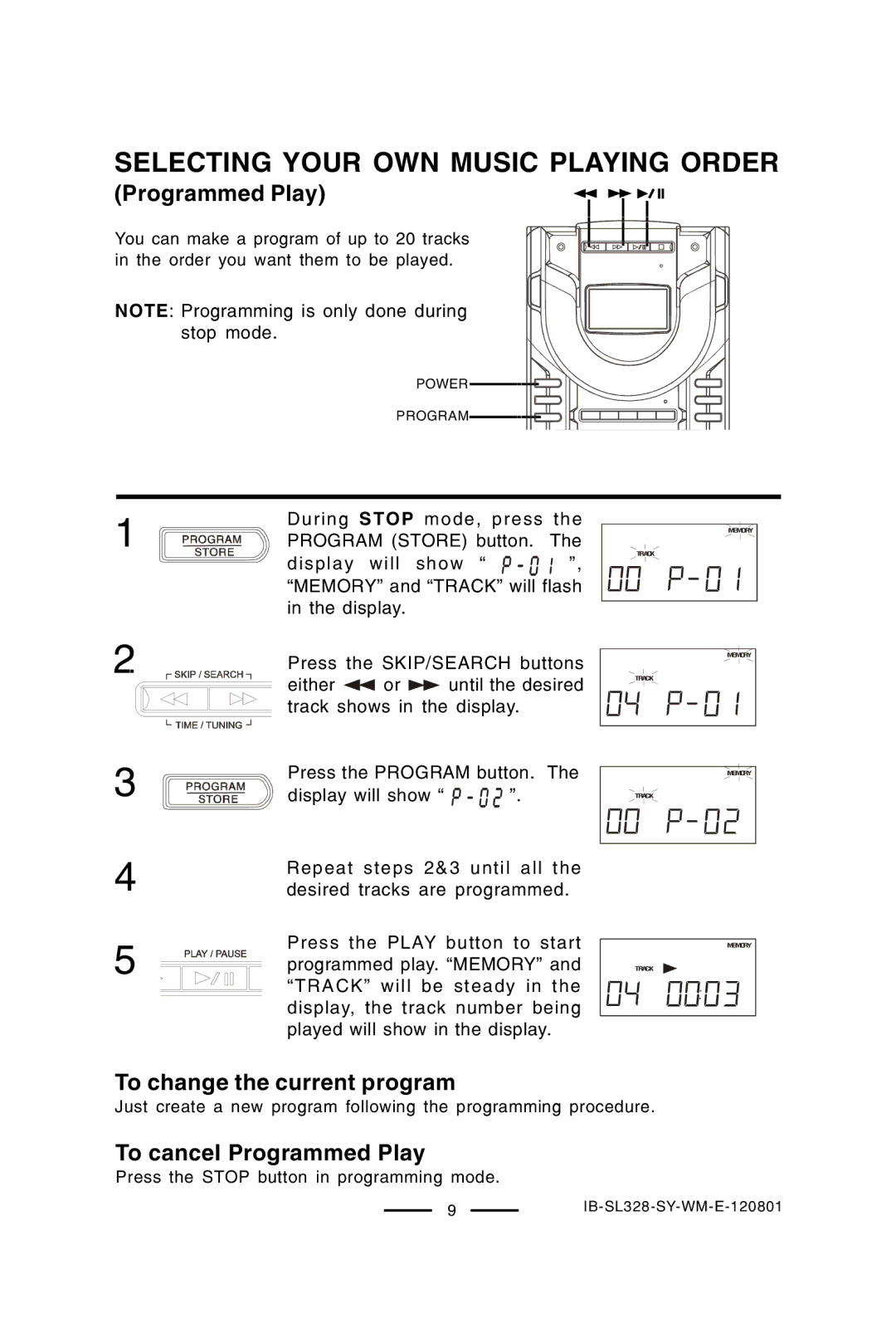 Lenoxx Electronics SL-328 manual Selecting Your OWN Music Playing Order, Programmed Play 