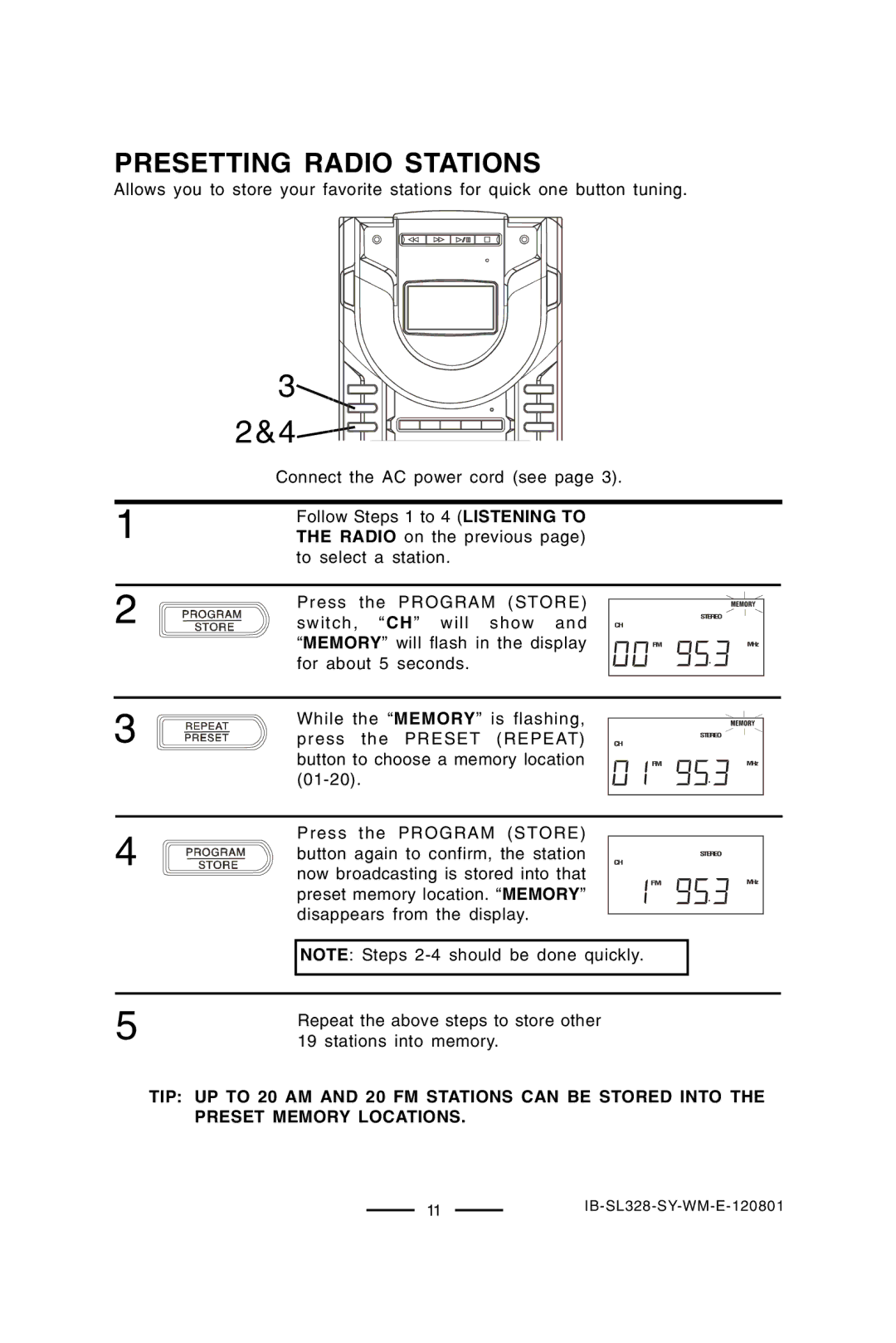 Lenoxx Electronics SL-328 manual Presetting Radio Stations 