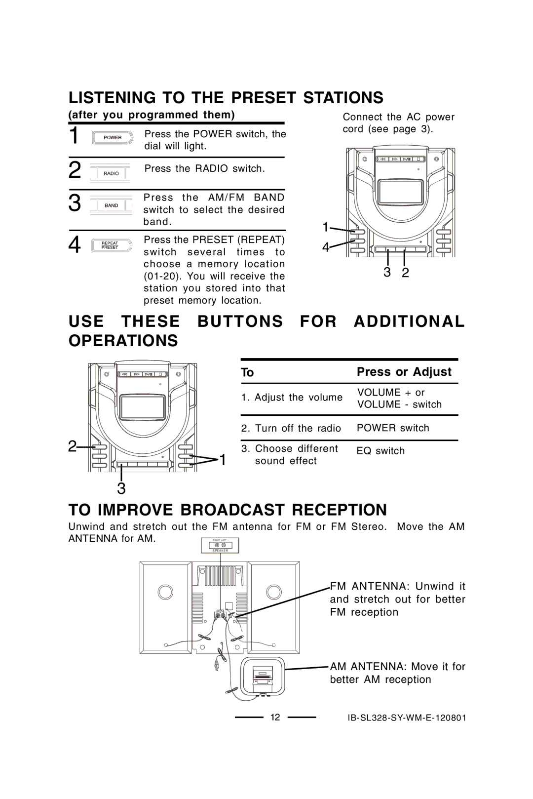 Lenoxx Electronics SL-328 manual Listening to the Preset Stations, USE These Buttons for Additional, Operations 