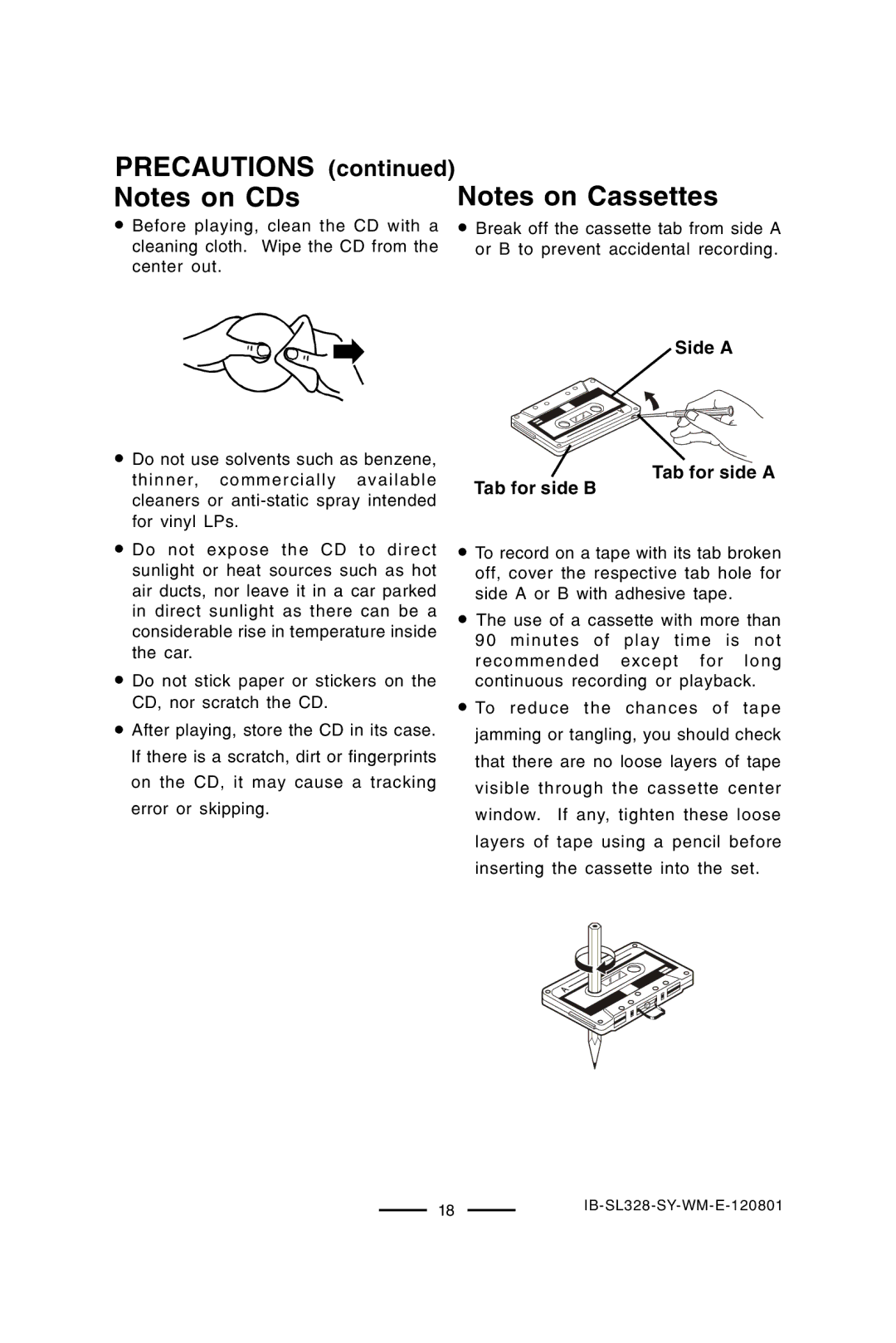 Lenoxx Electronics SL-328 manual Precautions Notes on CDs, Tab for side B Side a Tab for side a 