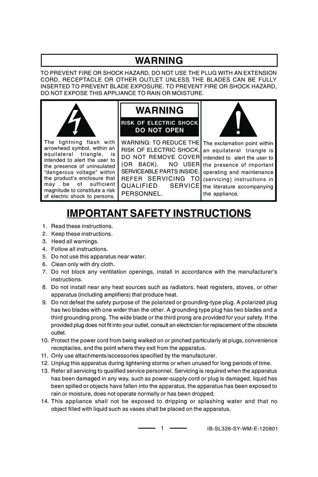 Lenoxx Electronics SL-328 manual Important Safety Instructions 