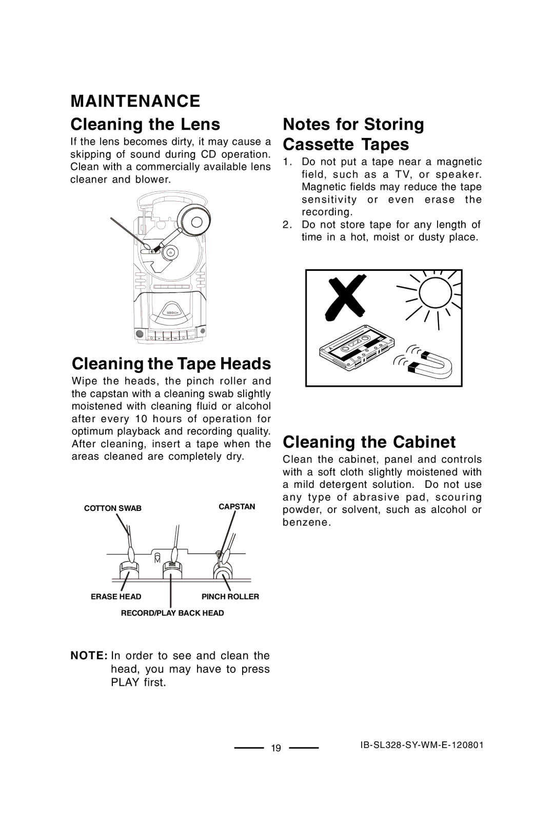 Lenoxx Electronics SL-328 Maintenance, Cleaning the Lens, Cleaning the Tape Heads, Cassette Tapes, Cleaning the Cabinet 