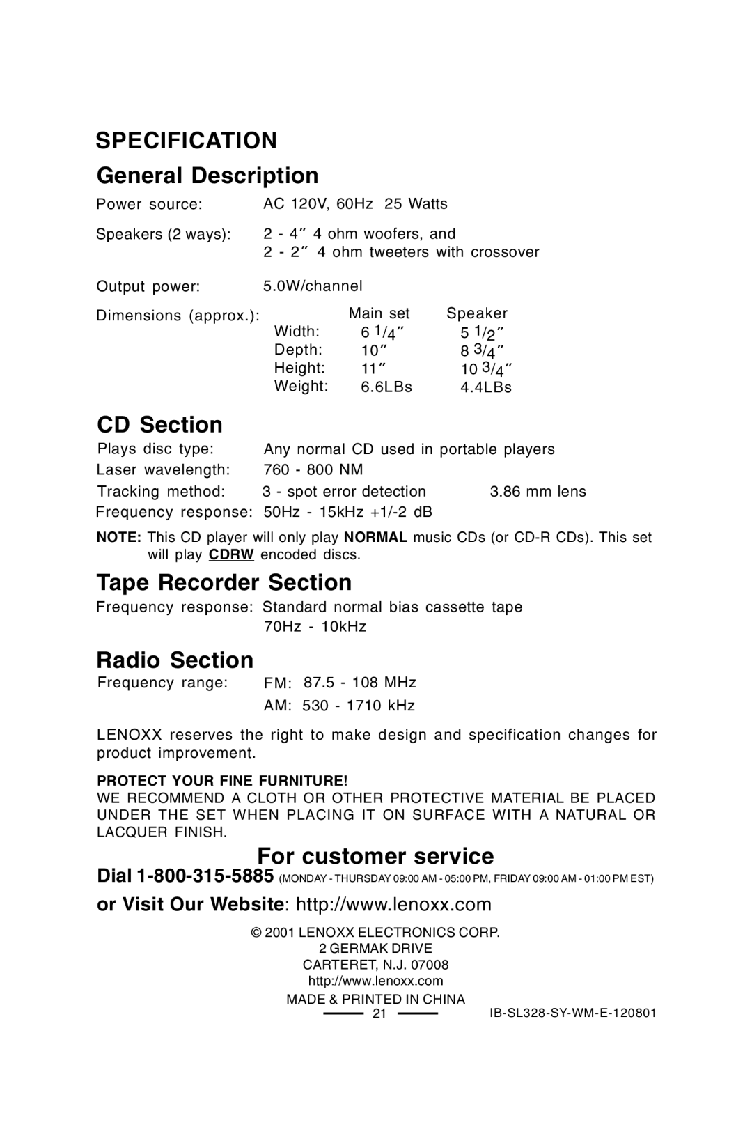 Lenoxx Electronics SL-328 manual Specification 