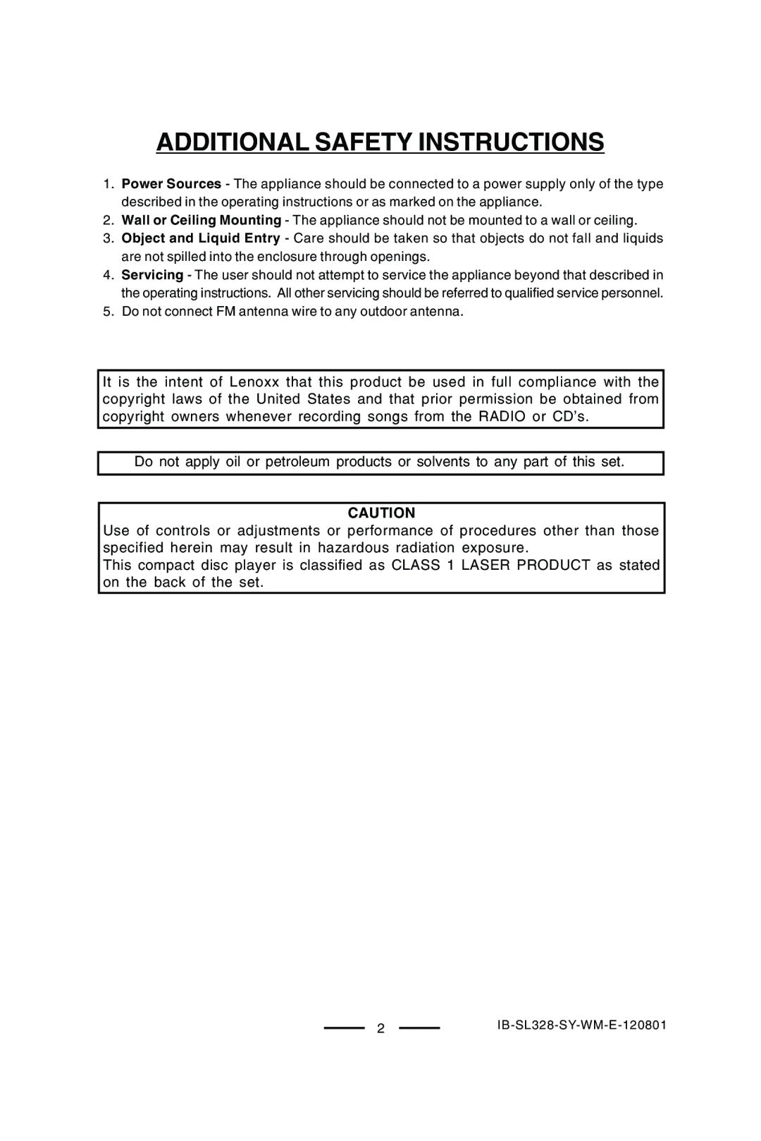 Lenoxx Electronics SL-328 manual Additional Safety Instructions 