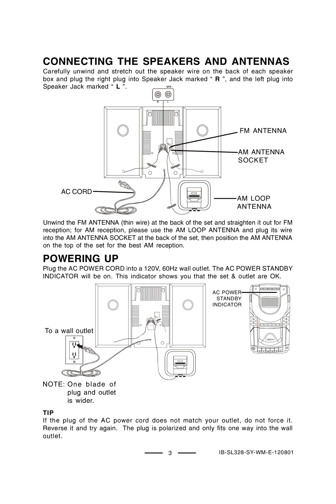 Lenoxx Electronics SL-328 manual Connecting the Speakers and Antennas, Powering UP 