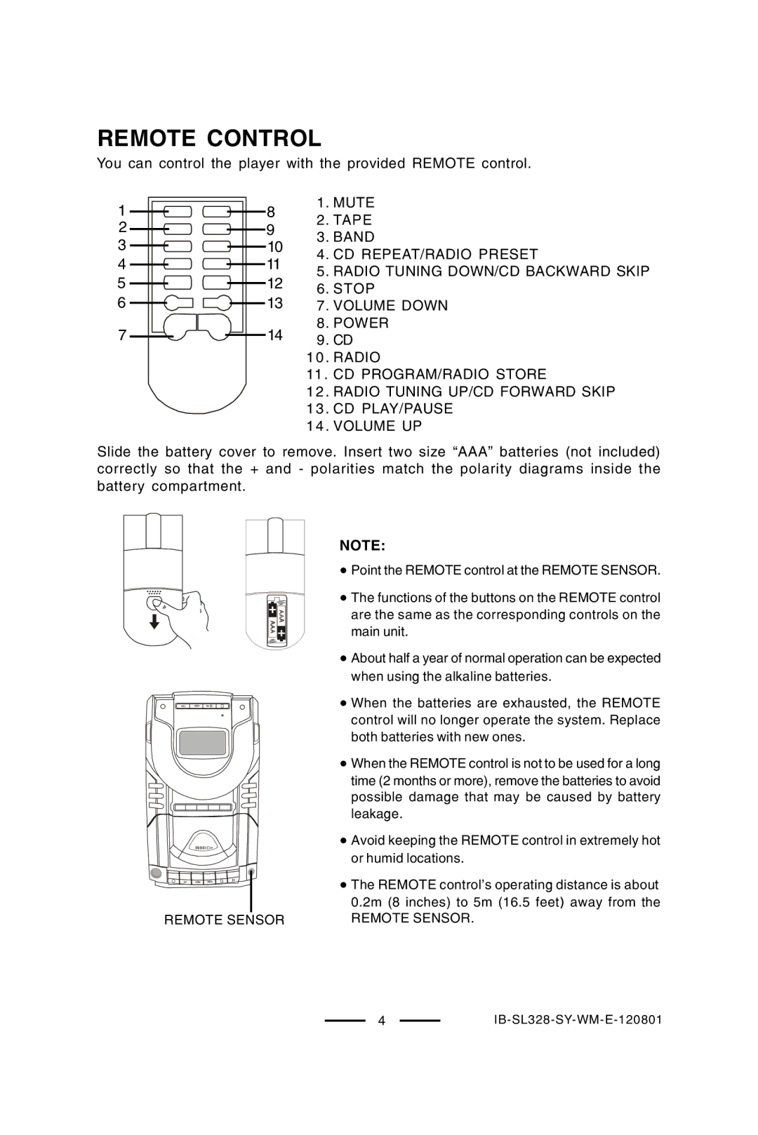 Lenoxx Electronics SL-328 manual Remote Control 