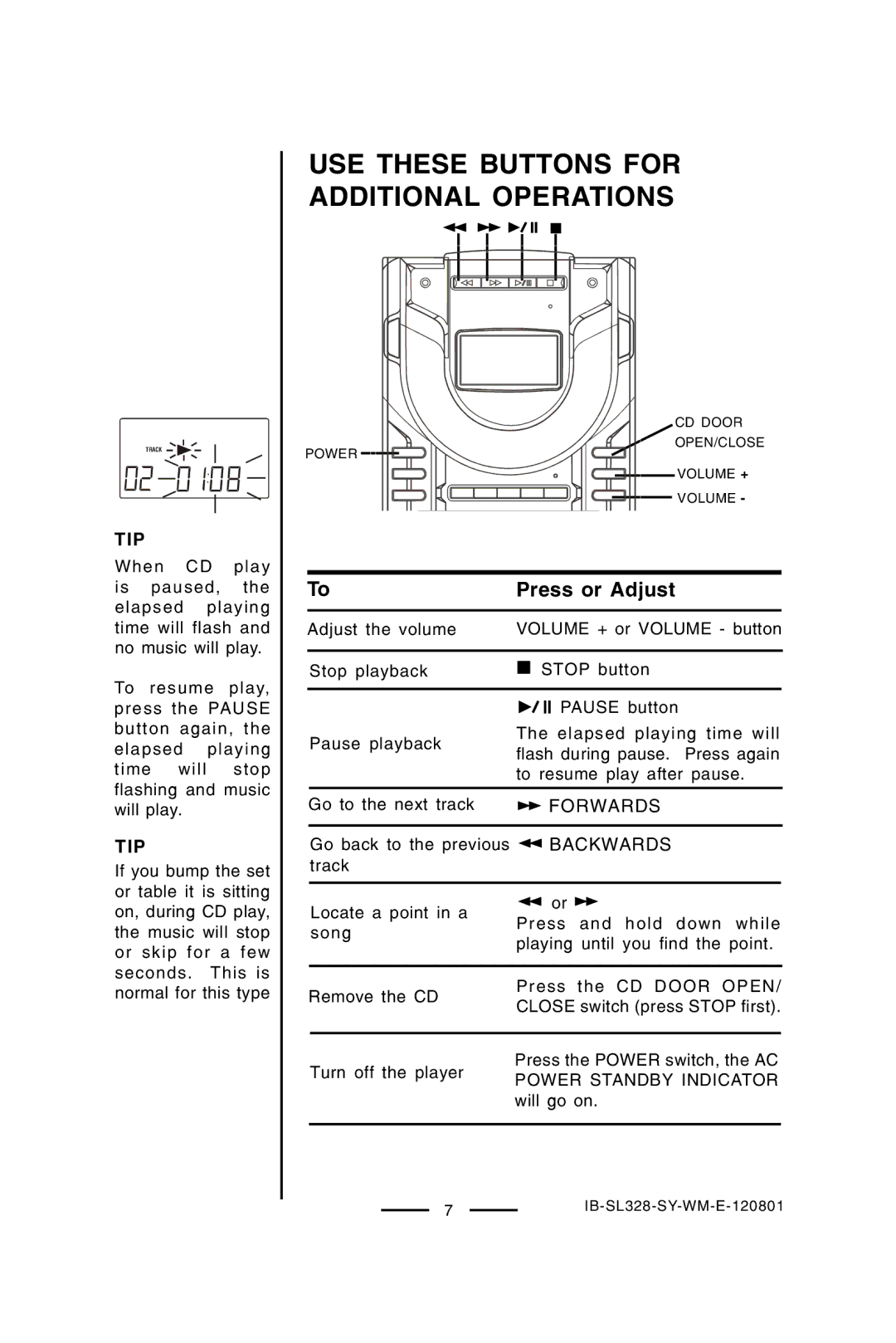 Lenoxx Electronics SL-328 manual USE These Buttons for Additional Operations, Tip, Forwards, Backwards 