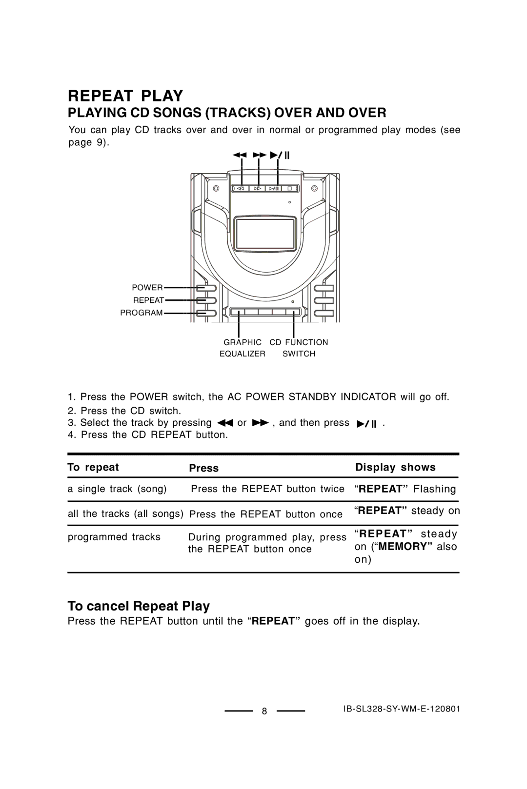 Lenoxx Electronics SL-328 manual Repeat Play 