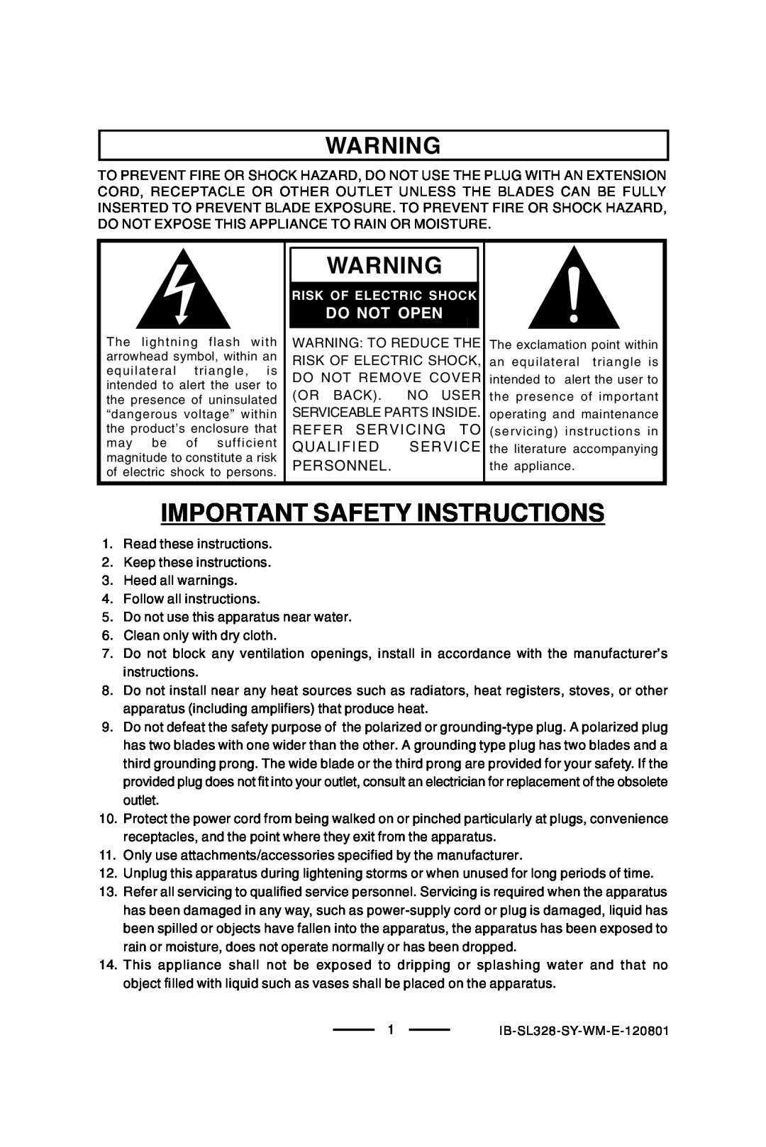 Lenoxx Electronics SL-328 manual Important Safety Instructions, Do Not Open, Risk Of Electric Shock 