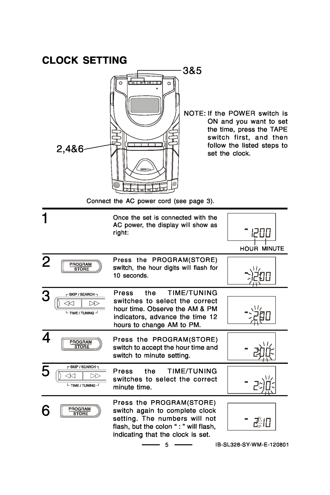 Lenoxx Electronics SL-328 manual CLOCK SETTING 3&5 