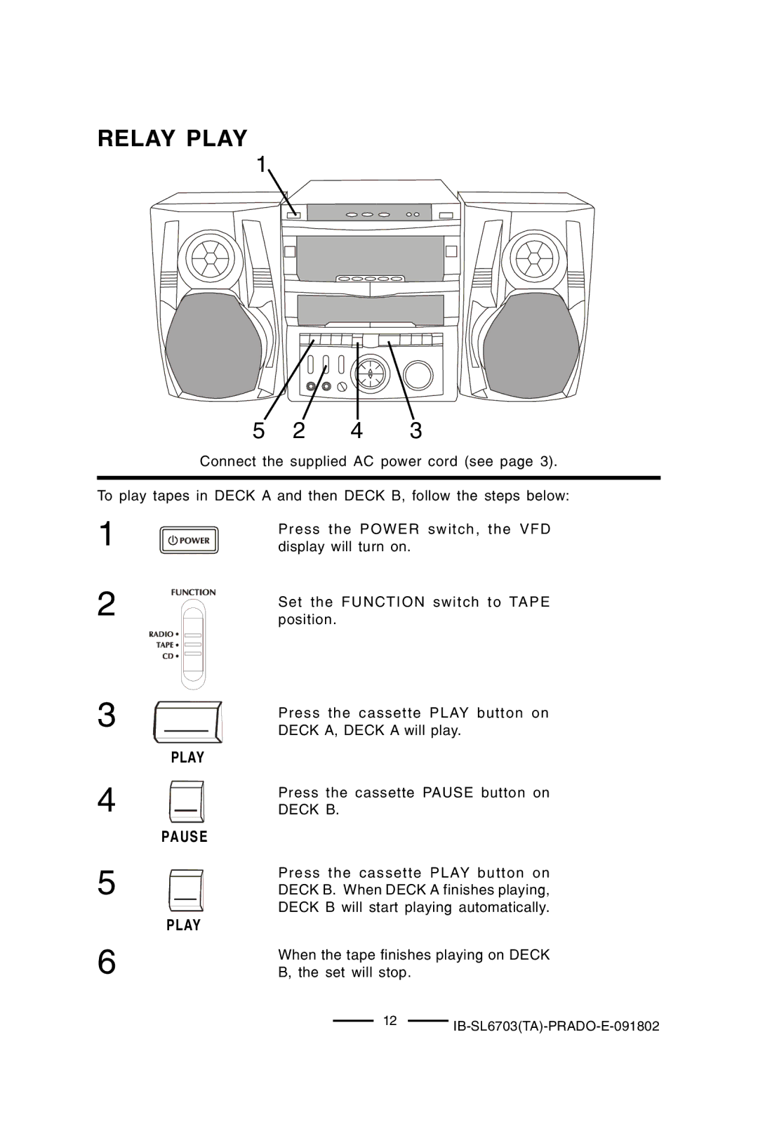 Lenoxx Electronics SL-6703 manual Relay Play, Pause, Deck B 