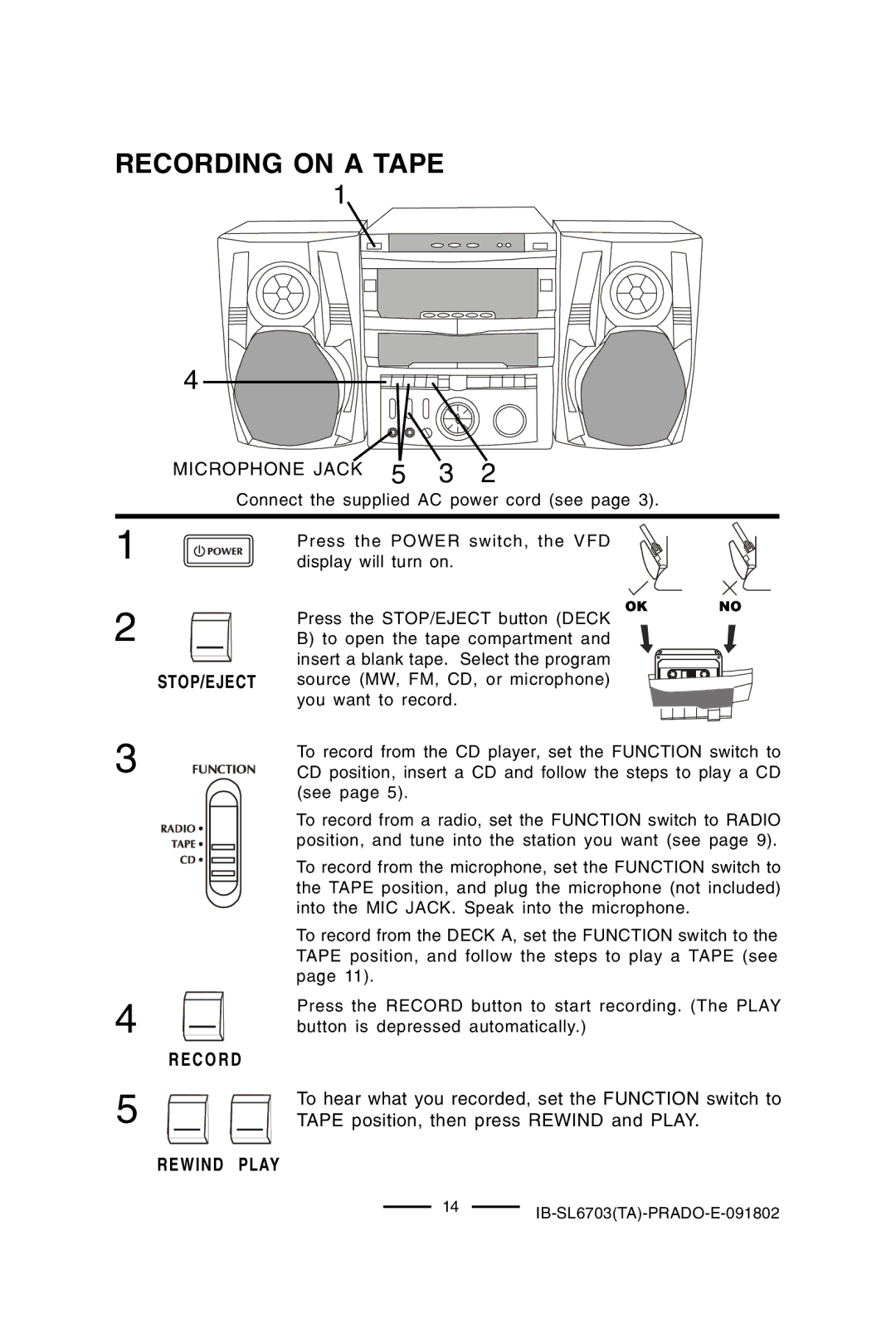 Lenoxx Electronics SL-6703 manual Recording on a Tape, Microphone Jack 5 3, STOP/EJECT Record Rewind Play 