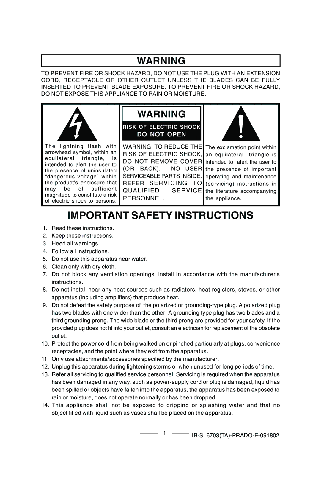 Lenoxx Electronics SL-6703 manual Do not Open, Refer Servicing to Qualified Service Personnel 