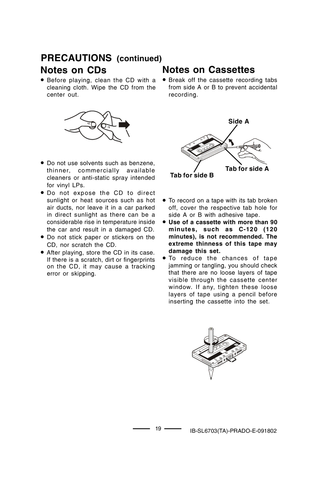 Lenoxx Electronics SL-6703 manual Precautions, Side a Tab for side a Tab for side B 