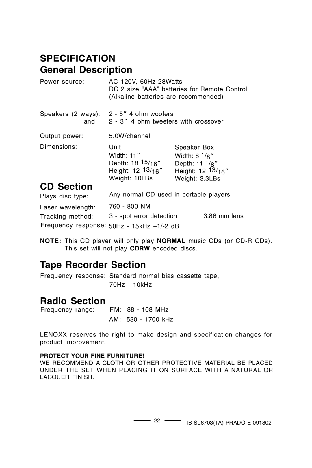 Lenoxx Electronics SL-6703 manual Specification, General Description, CD Section, Tape Recorder Section, Radio Section 