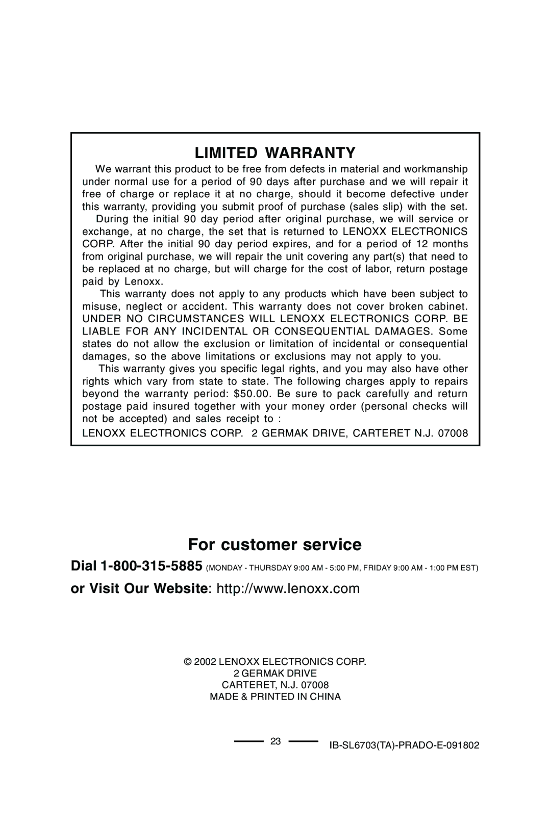 Lenoxx Electronics SL-6703 manual For customer service, Lenoxx Electronics Corp Germak DRIVE, Carteret N.J 