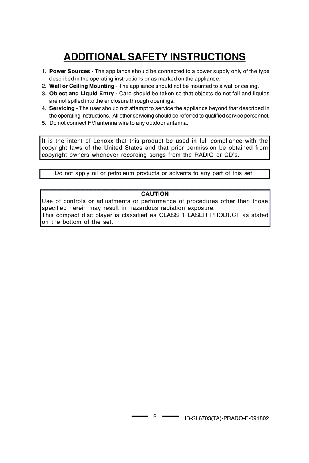 Lenoxx Electronics SL-6703 manual Additional Safety Instructions 