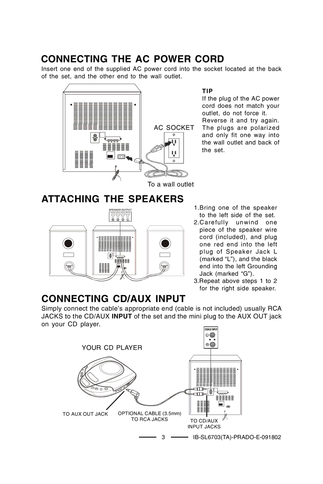 Lenoxx Electronics SL-6703 Connecting the AC Power Cord, Attaching the Speakers, Connecting CD/AUX Input, Your CD Player 