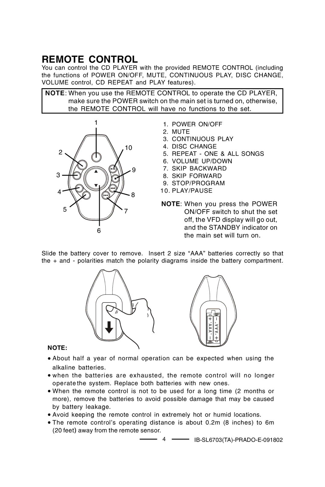 Lenoxx Electronics SL-6703 manual Remote Control 