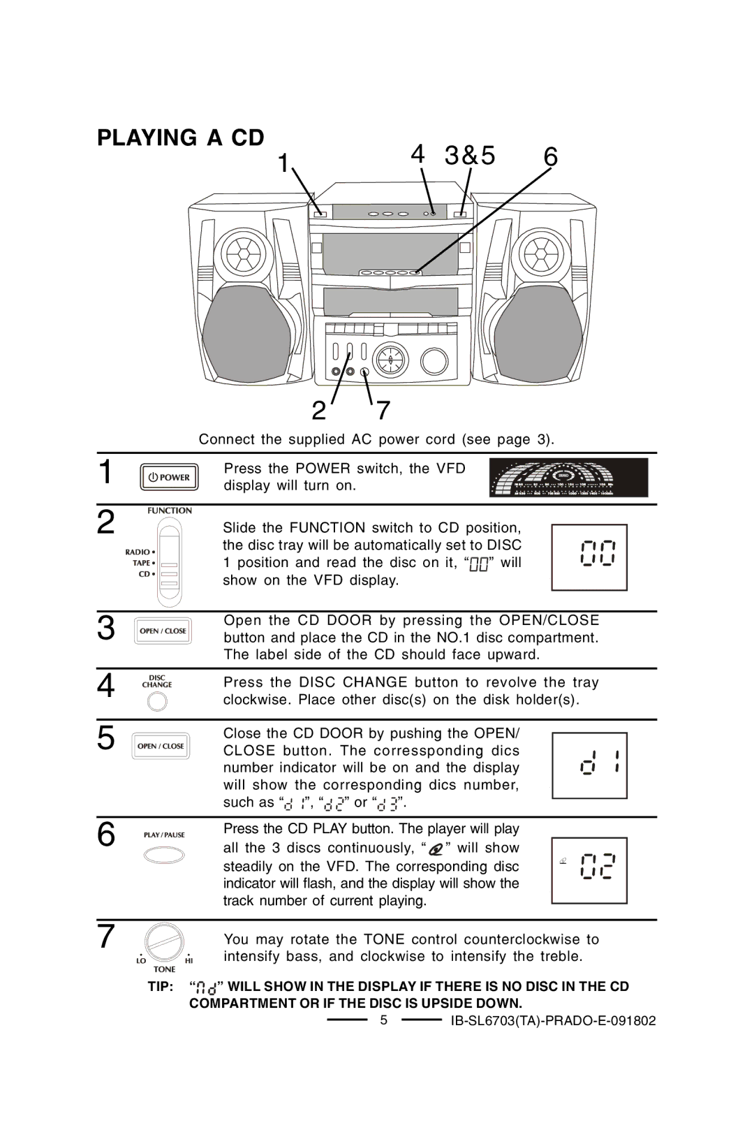 Lenoxx Electronics SL-6703 manual Playing a CD, Disc 