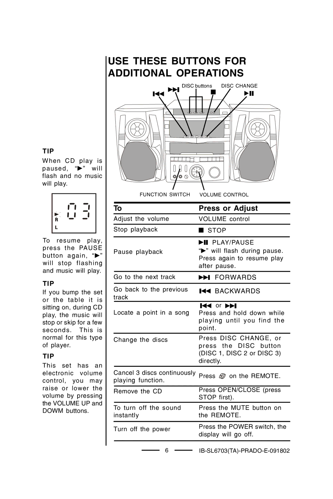 Lenoxx Electronics SL-6703 manual USE These Buttons for Additional Operations, Tip, Forwards, Backwards, Stop 