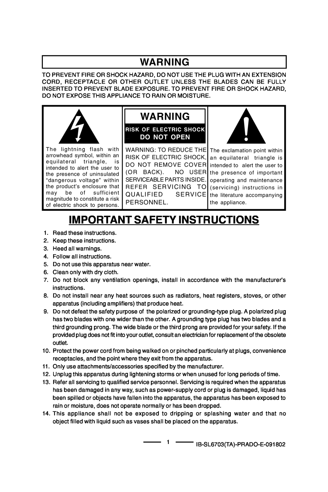 Lenoxx Electronics SL-6703 manual Important Safety Instructions, Do Not Open, Risk Of Electric Shock 