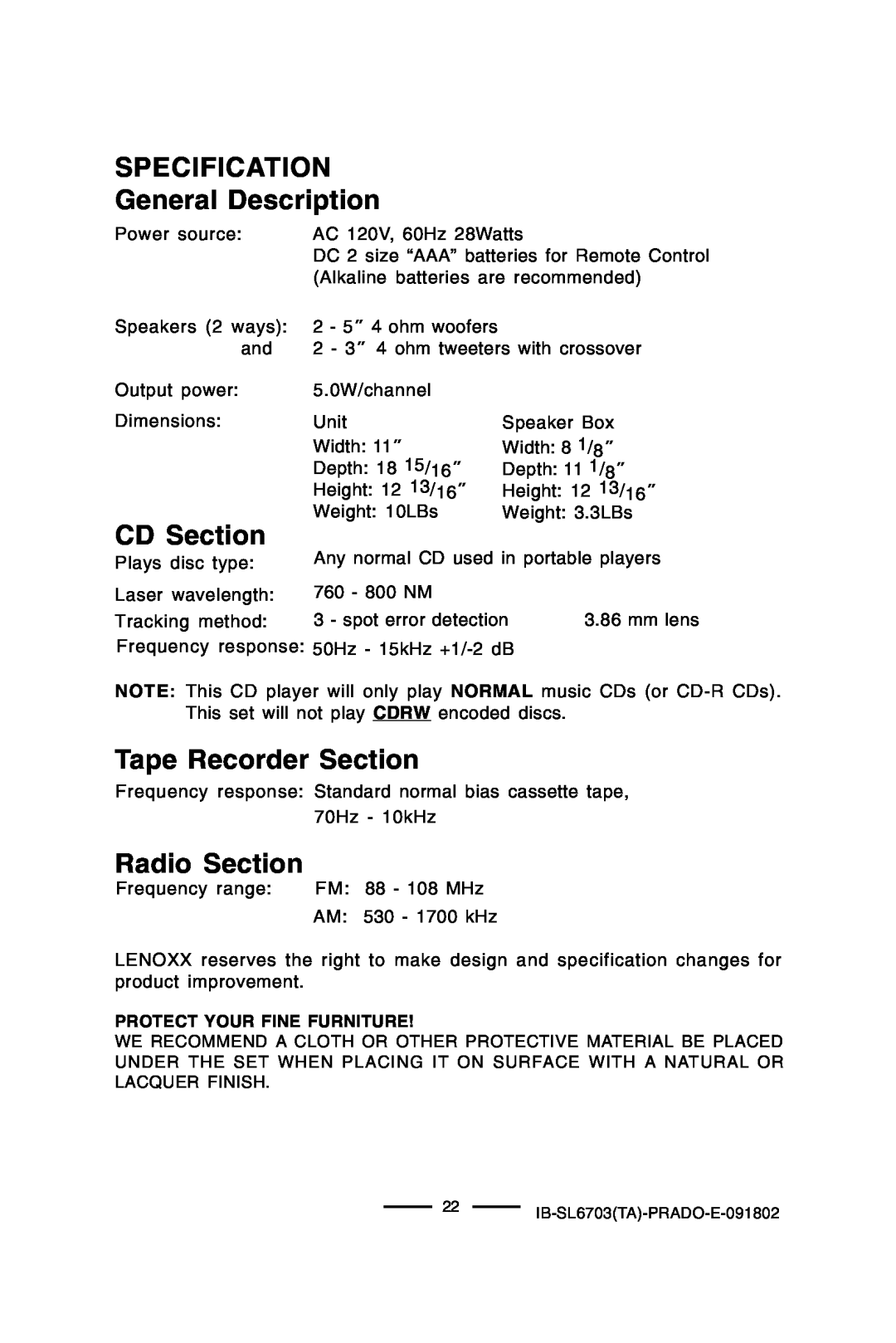Lenoxx Electronics SL-6703 manual SPECIFICATION General Description, CD Section, Tape Recorder Section, Radio Section 