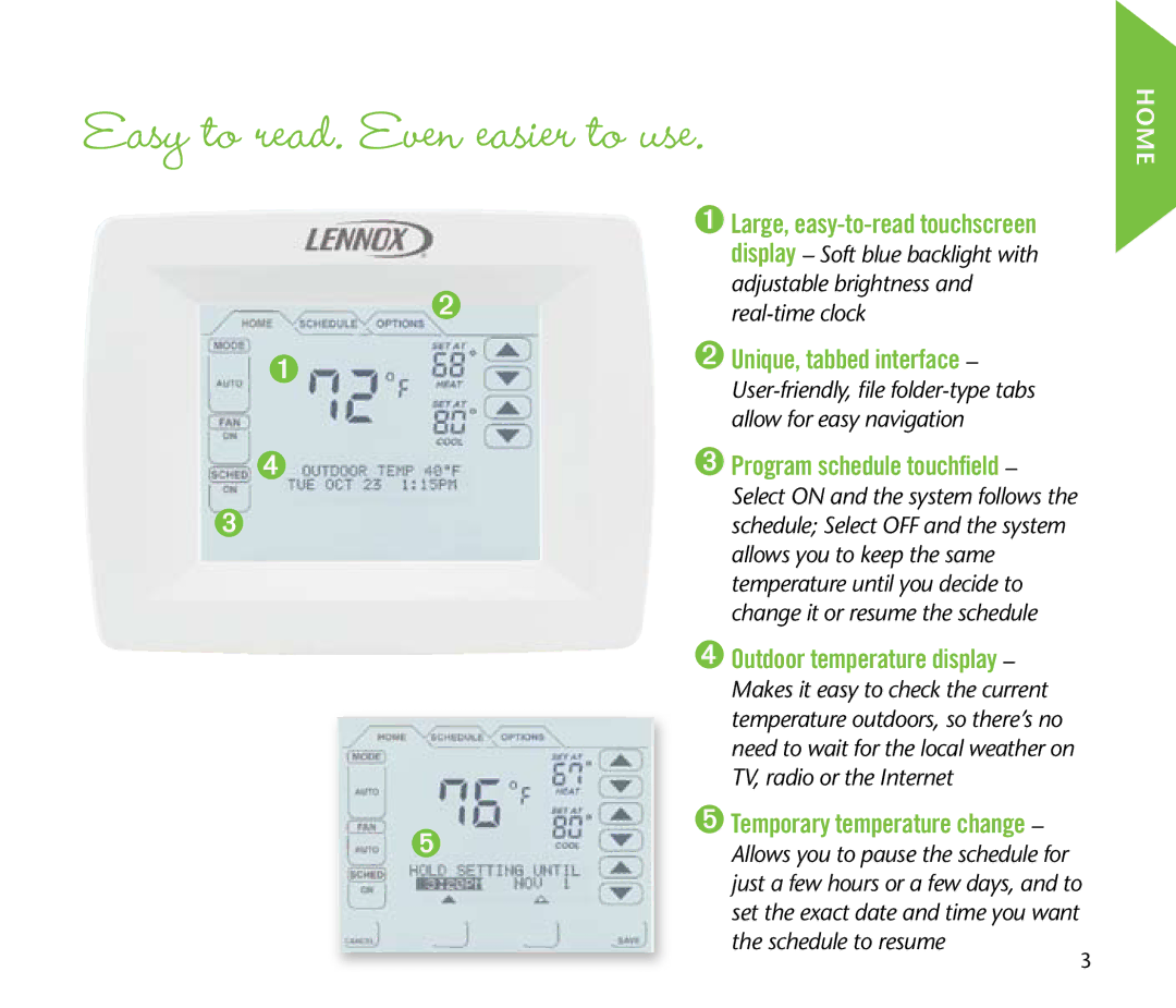 Lenoxx Electronics Touchscreen Thermostat manual Easy to read. Even easier to use, Home 