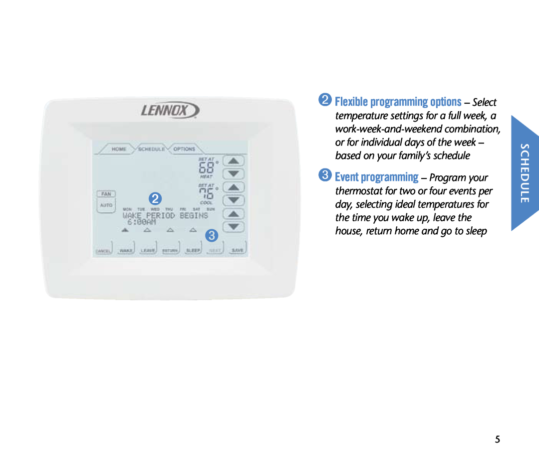 Lenoxx Electronics Touchscreen Thermostat schedule, ➌ Event programming - Program your, house, return home and go to sleep 