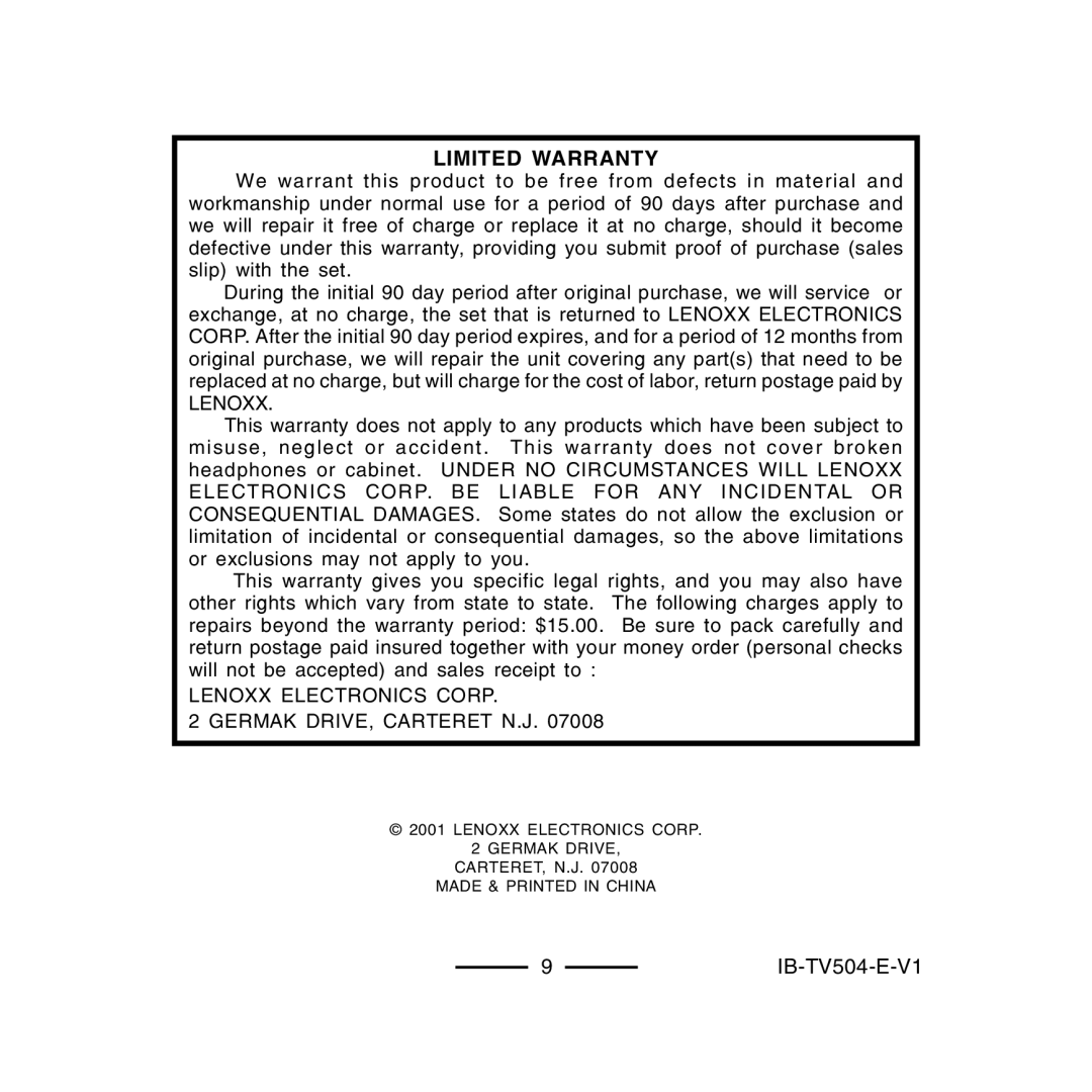 Lenoxx Electronics TV-504 operating instructions Limited Warranty, Lenoxx 