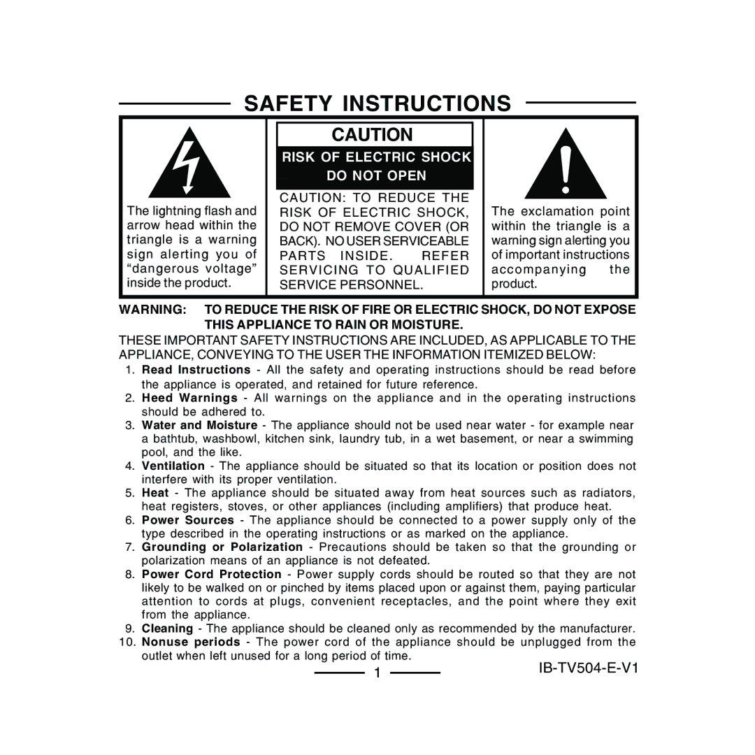 Lenoxx Electronics TV-504 operating instructions Safety Instructions, Risk of Electric Shock Do not Open 