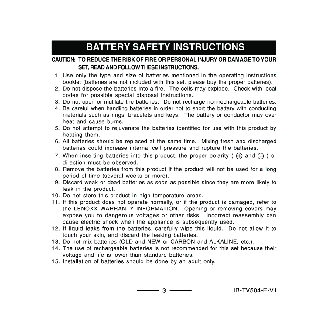 Lenoxx Electronics TV-504 operating instructions Battery Safety Instructions 