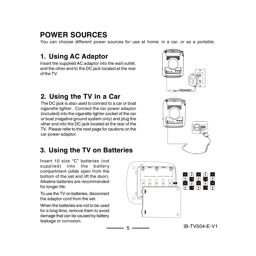 Lenoxx Electronics TV-504 operating instructions Power Sources, Using AC Adaptor 