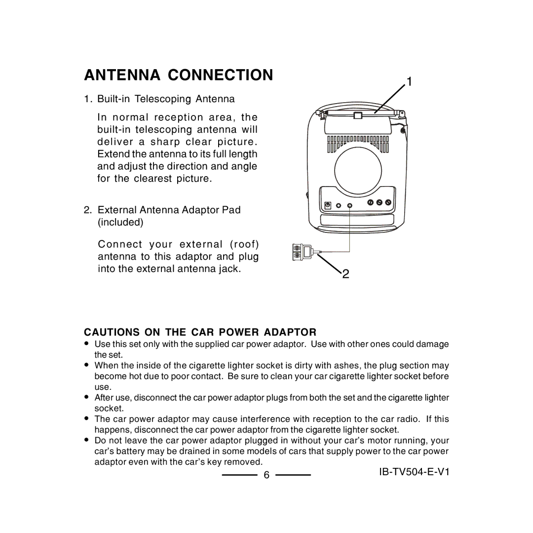 Lenoxx Electronics TV-504 operating instructions Antenna Connection 