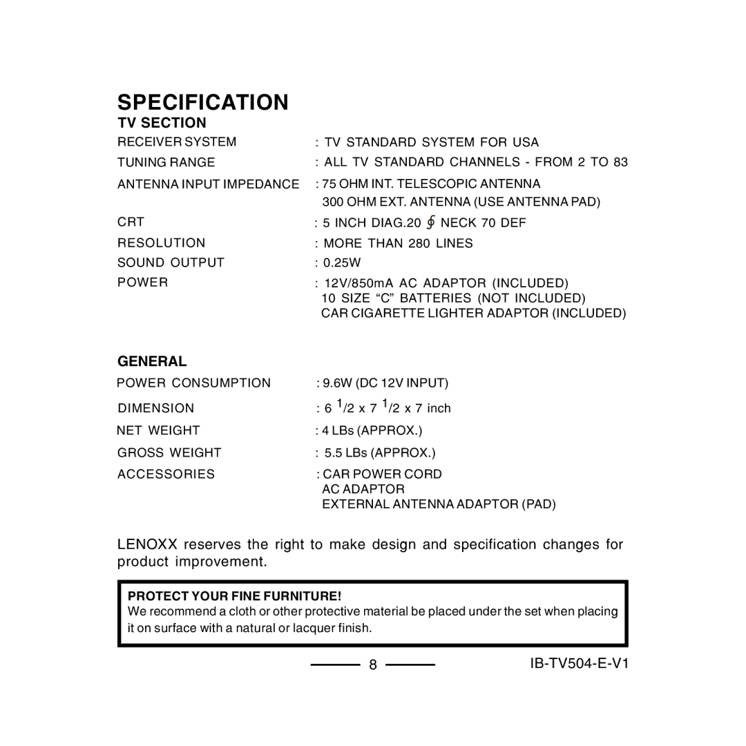 Lenoxx Electronics TV-504 operating instructions Specification, TV Section, General 