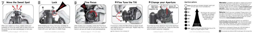 Lensbabies 3G manual Move the Sweet Spot Lock Fine Focus Fine Tune the Tilt, Twist 