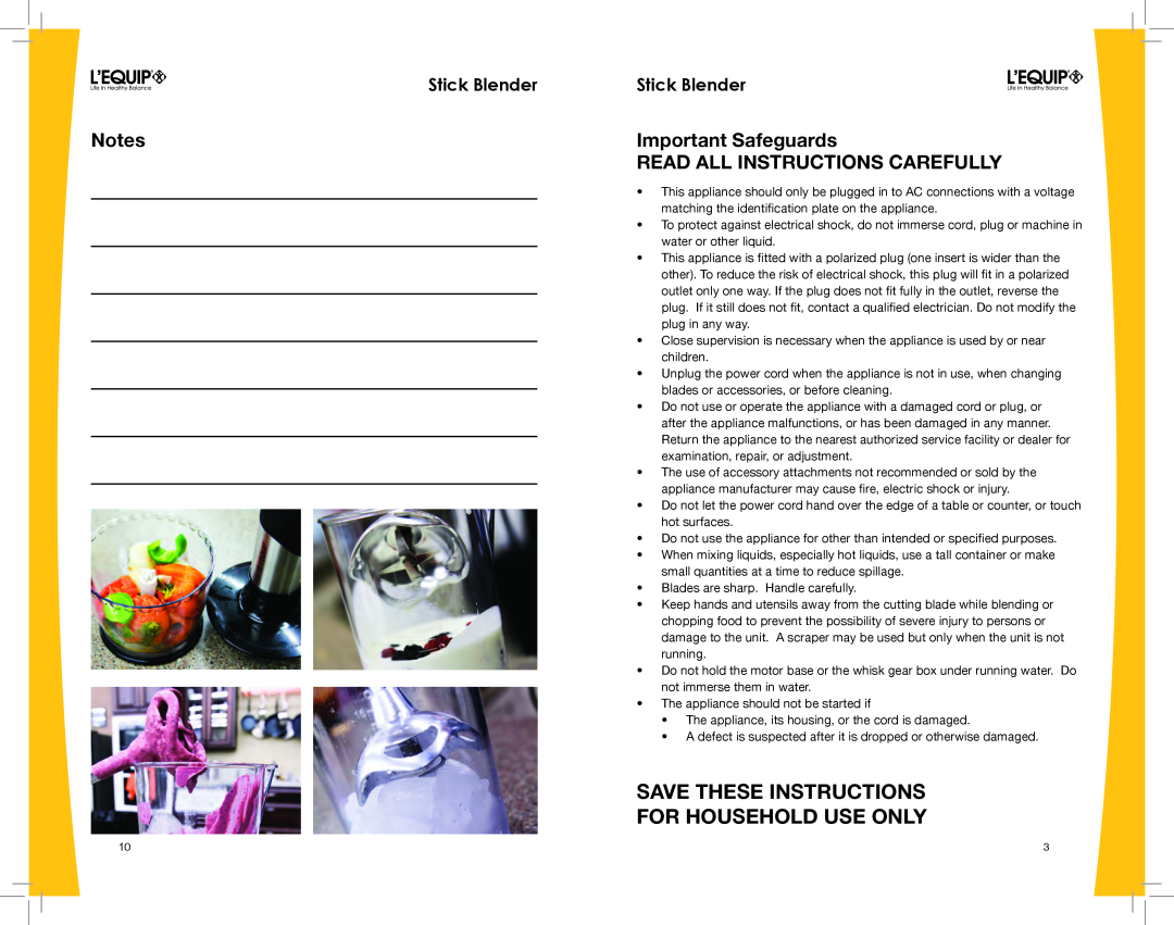 L'Equip 306700 owner manual Important Safeguards, Read All Instructions Carefully, Stick BlenderStick Blender 