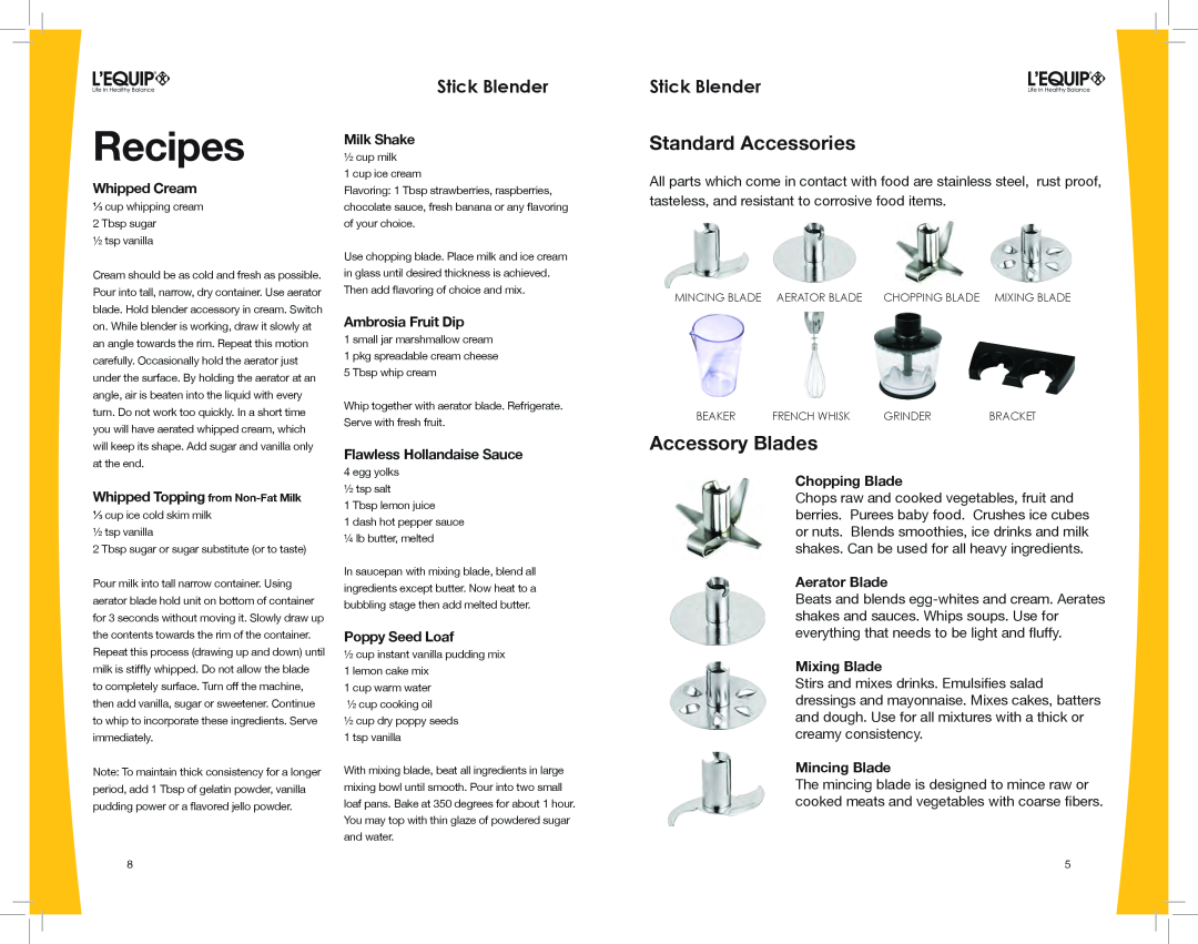L'Equip 306700 owner manual Standard Accessories, Accessory Blades, Recipes, Stick Blender 