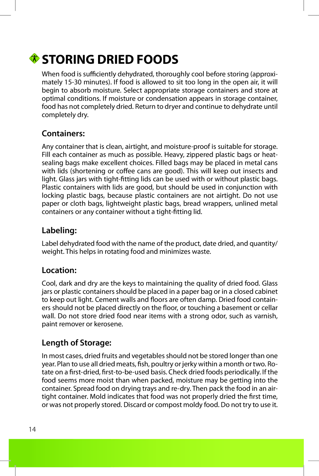 L'Equip 528, 524 manual Storing Dried Foods, Containers, Labeling, Location, Length of Storage 