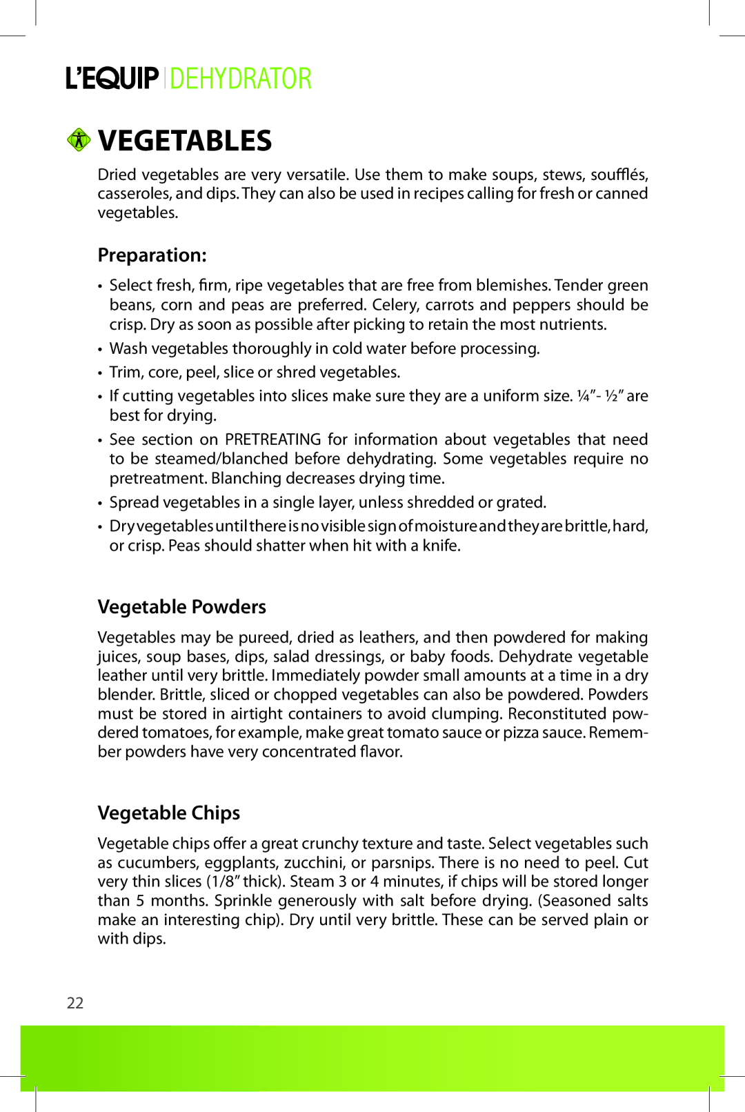 L'Equip 528, 524 manual Vegetables, Preparation, Vegetable Powders, Vegetable Chips 