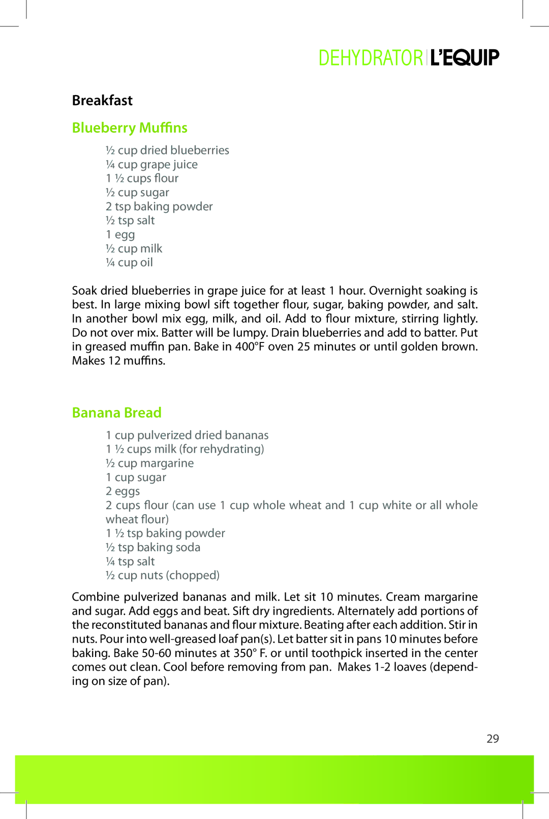 L'Equip 524, 528 manual Breakfast, Blueberry Muffins, Banana Bread 