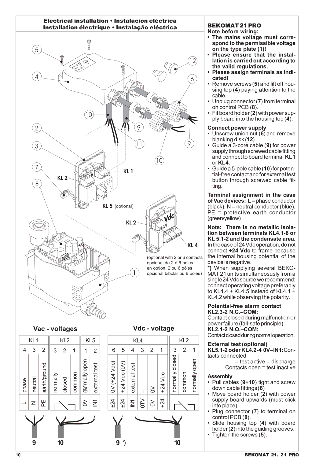 Leupold 21 PRO manual Connect power supply, Potential-free alarm contact KL2.3-2 N.C.-COM, KL2.1-2 N.O.-COM, Assembly 