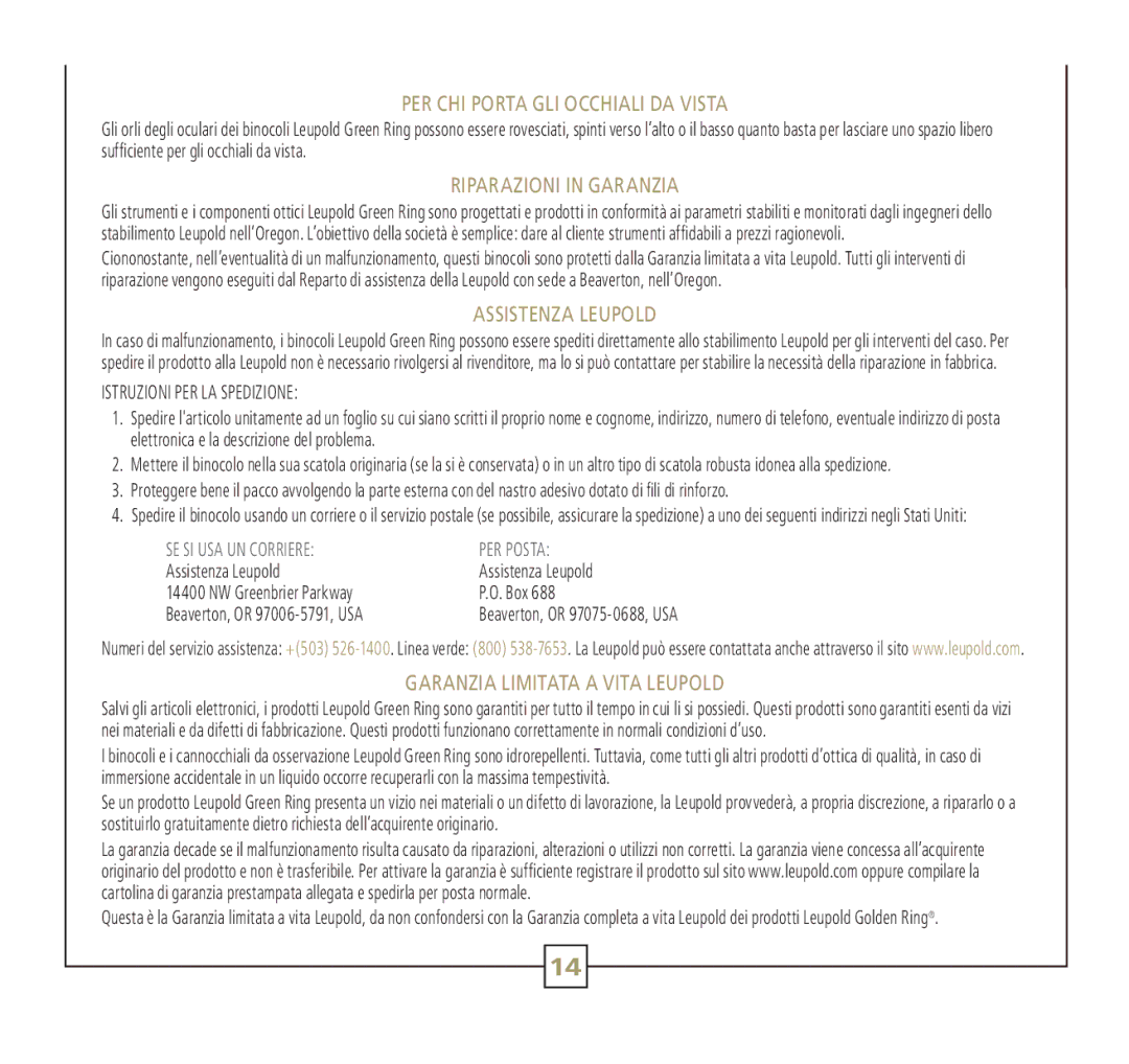Leupold 56113 operating instructions PER CHI Porta GLI Occhiali DA Vista, Riparazioni in Garanzia, Assistenza Leupold 