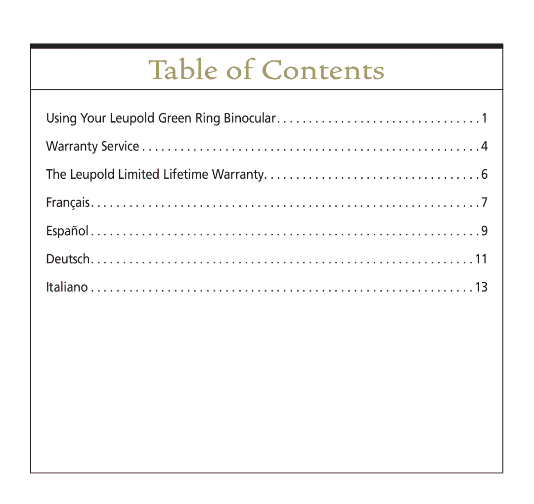 Leupold 56113 operating instructions Table of Contents 