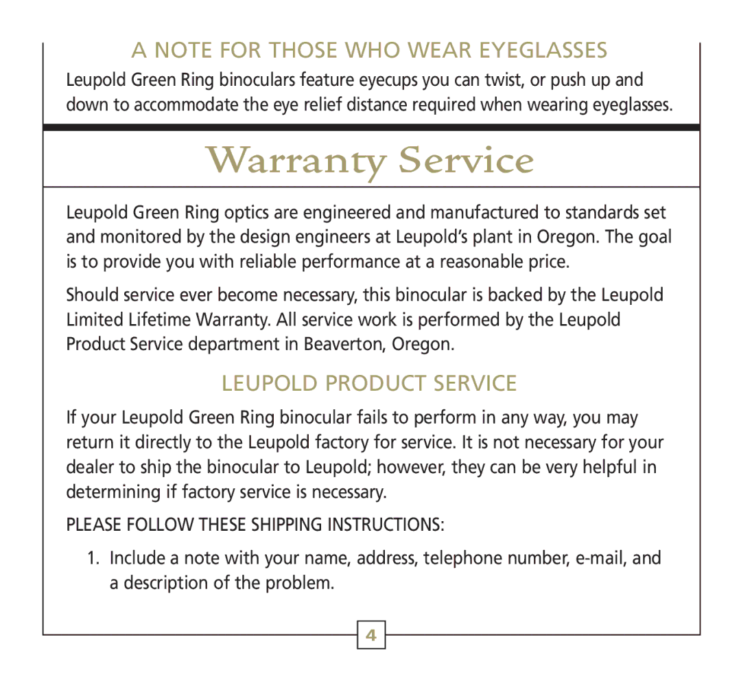 Leupold 56113 operating instructions Warranty Service, Leupold Product Service 