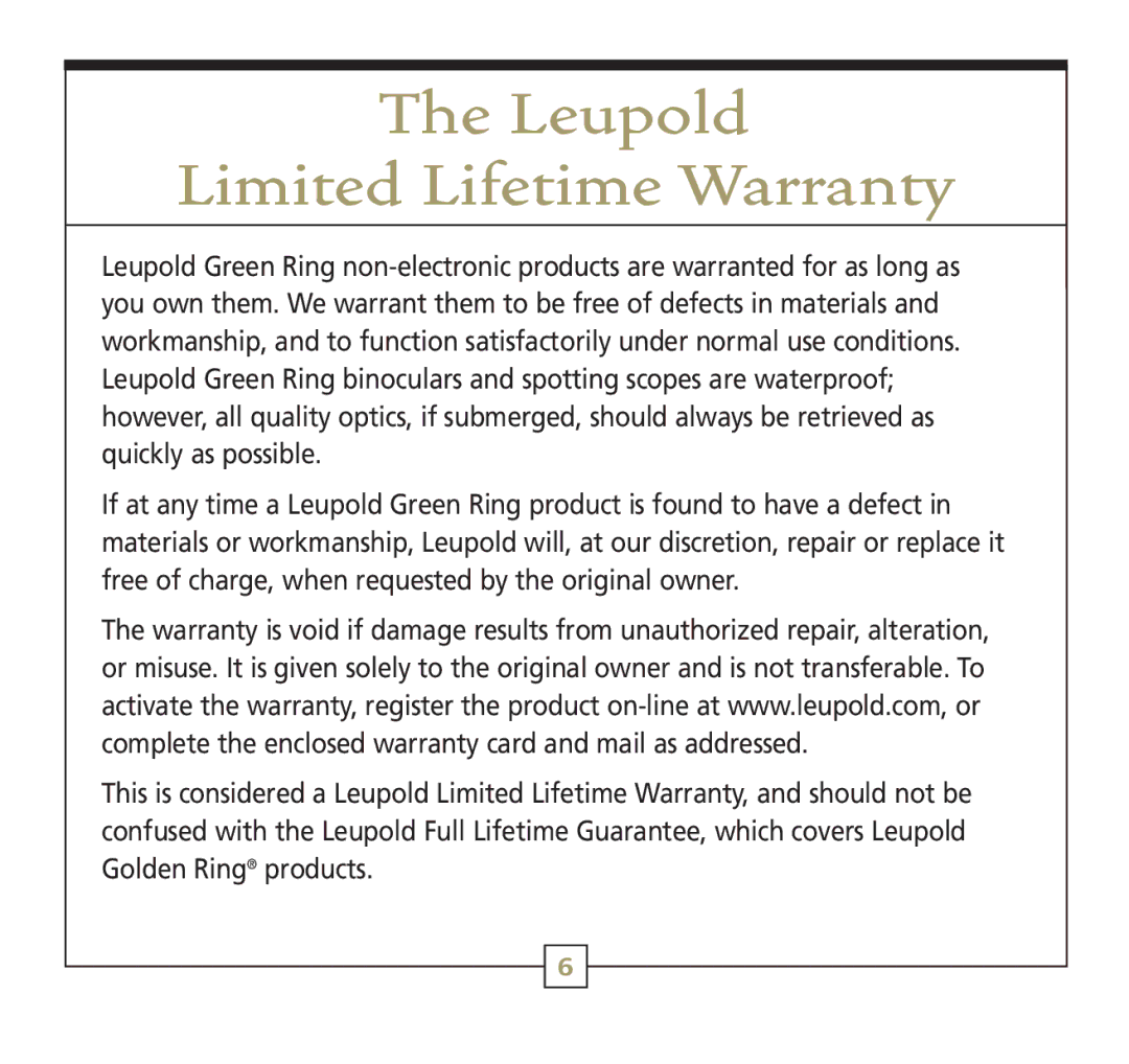 Leupold 56113 operating instructions Leupold Limited Lifetime Warranty 